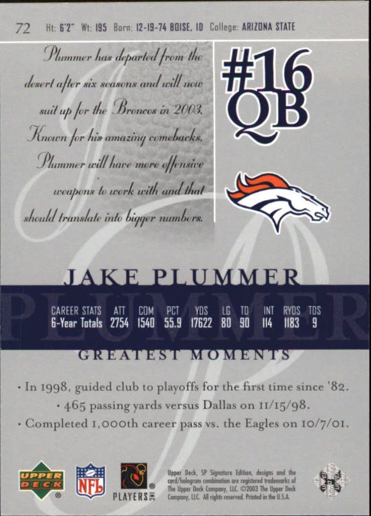 2003 SP Signature #72 Jake Plummer back image