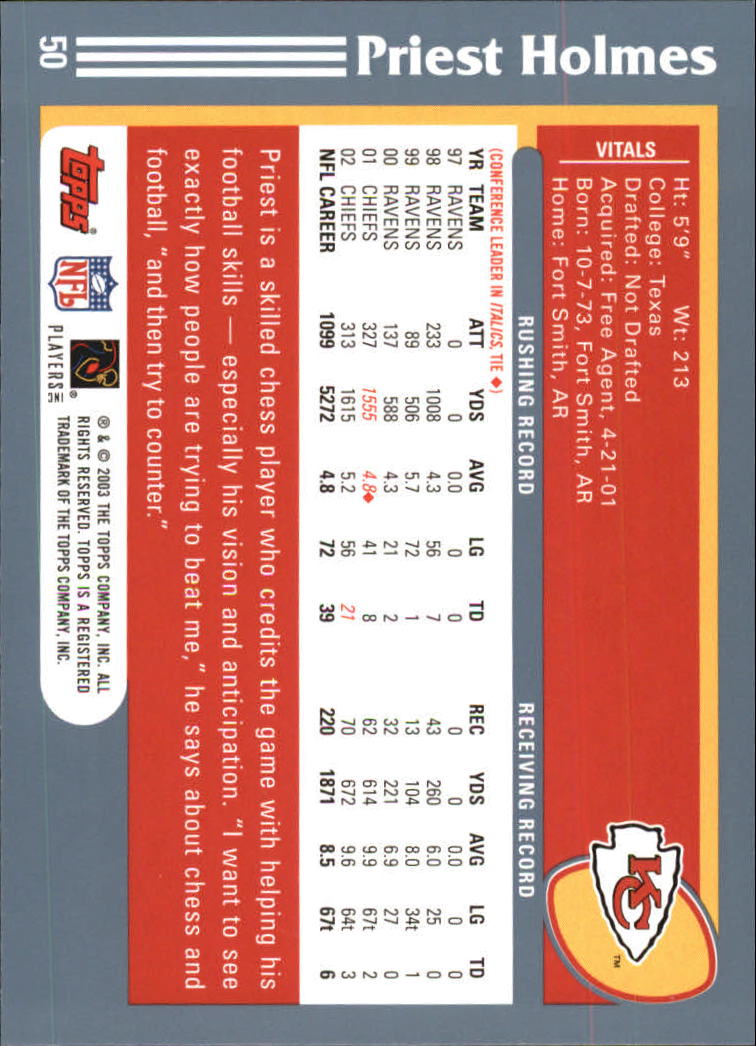 2003 Topps #50 Priest Holmes back image