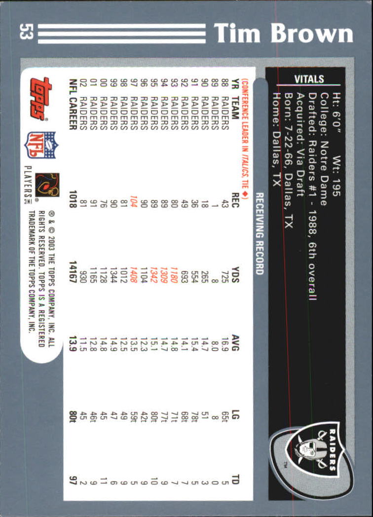 2003 Topps #53 Tim Brown back image