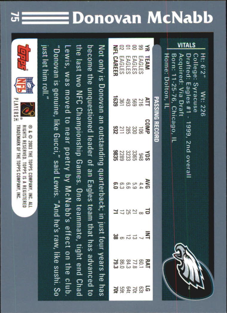 2003 Topps #75 Donovan McNabb back image