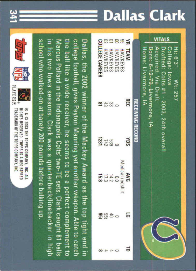 2003 Topps #341 Dallas Clark RC back image