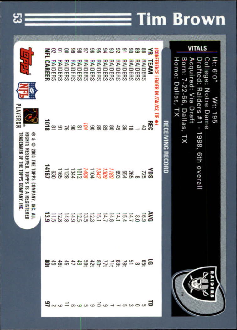 2003 Topps Collection #53 Tim Brown back image