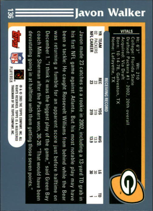 2003 Topps First Edition #136 Javon Walker back image