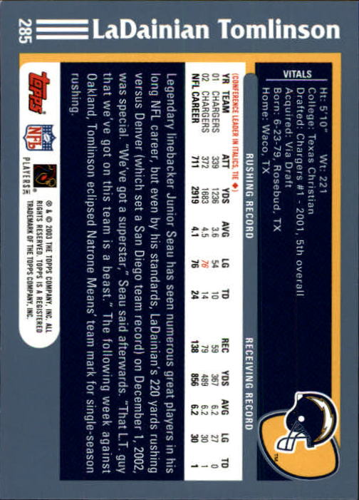 2003 Topps First Edition #285 LaDainian Tomlinson back image