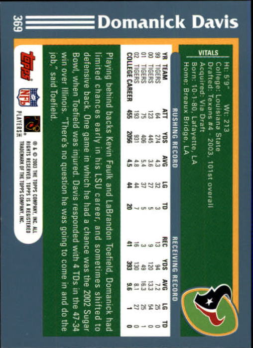 2003 Topps First Edition #369 Domanick Davis back image