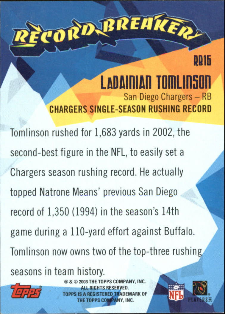 2003 Topps Record Breakers #RB16 LaDainian Tomlinson back image