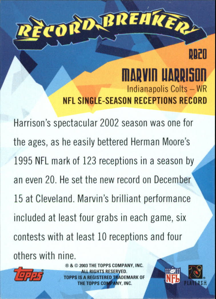 2003 Topps Record Breakers #RB20 Marvin Harrison back image