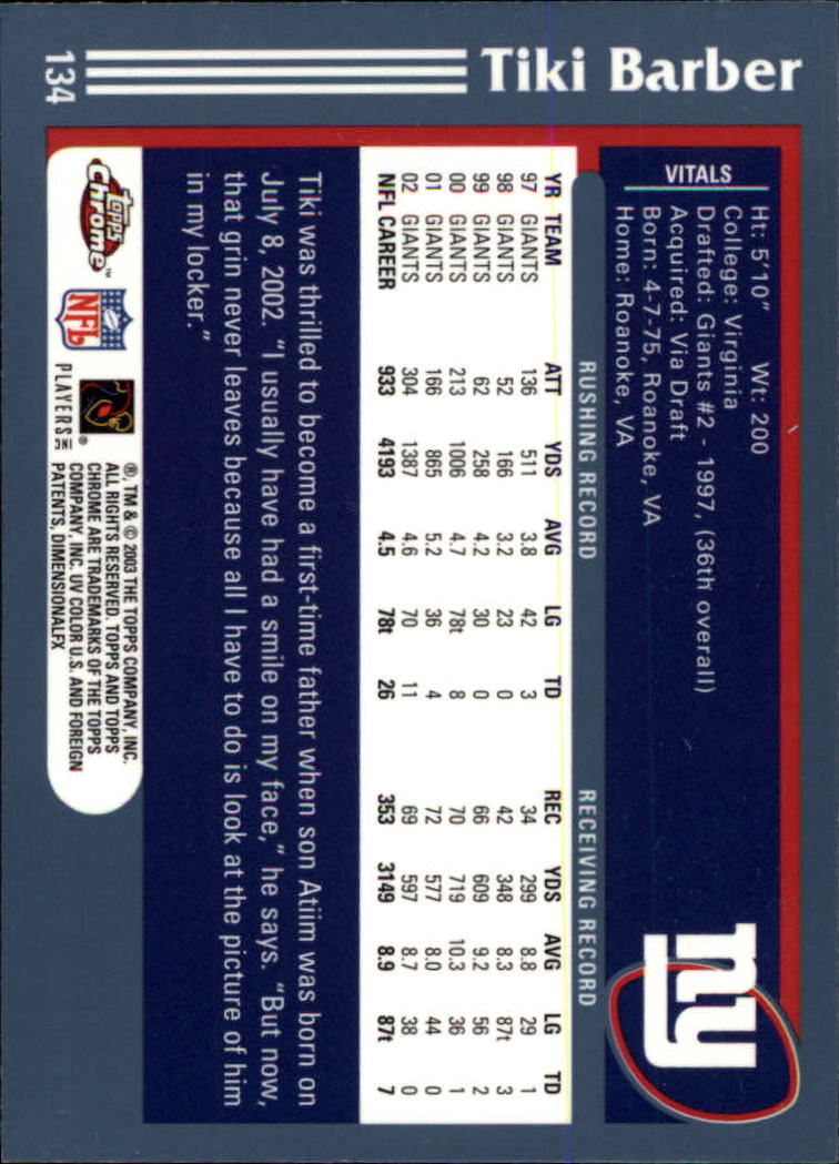 B1544- 2003 Topps Chrome FB Card #s 1-200 +Rookies -You Pick- 15+ FREE US SHIP - Picture 245 of 356