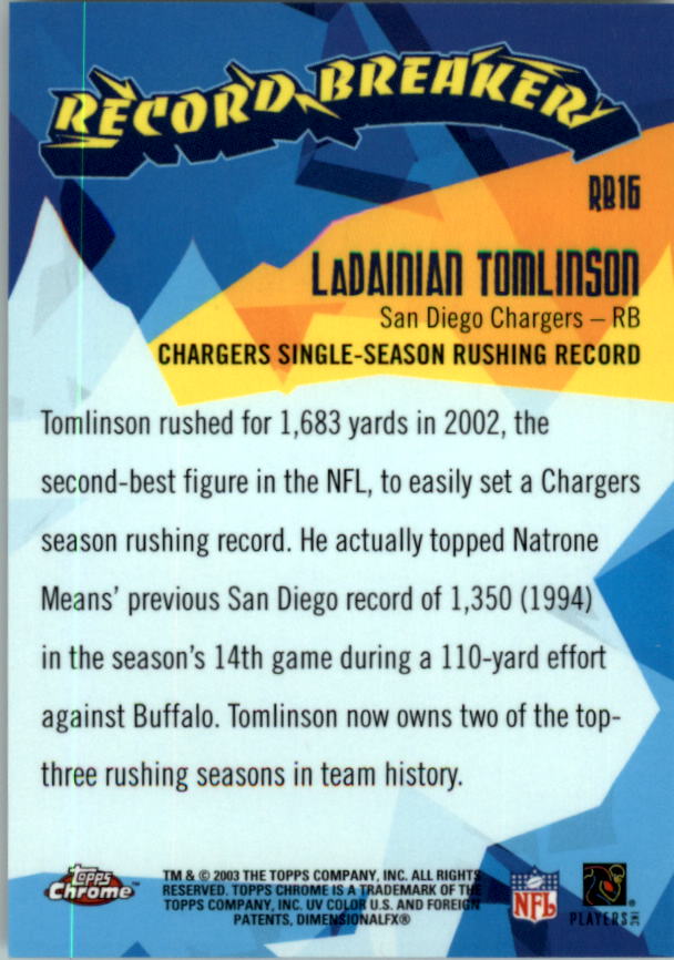 2003 Topps Chrome Record Breakers #RB16 LaDainian Tomlinson back image
