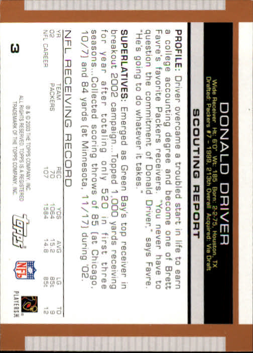 2003 Topps Draft Picks and Prospects #3 Donald Driver back image