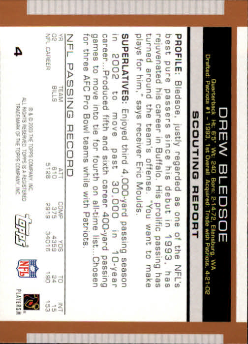 2003 Topps Draft Picks and Prospects #4 Drew Bledsoe back image