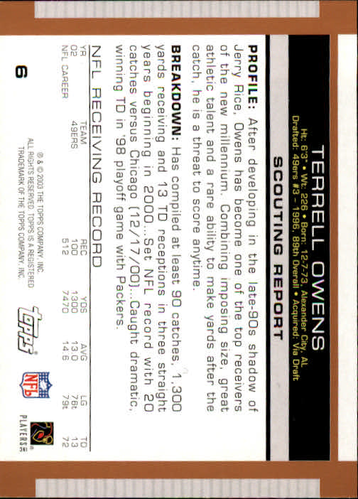 2003 Topps Draft Picks and Prospects #6 Terrell Owens back image