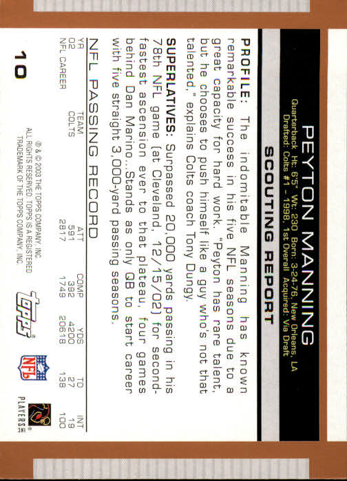 2003 Topps Draft Picks and Prospects #10 Peyton Manning back image
