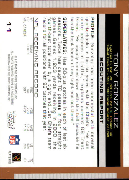 2003 Topps Draft Picks and Prospects #11 Tony Gonzalez back image