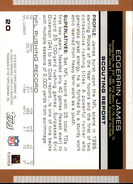 2003 Topps Draft Picks and Prospects #20 Edgerrin James back image