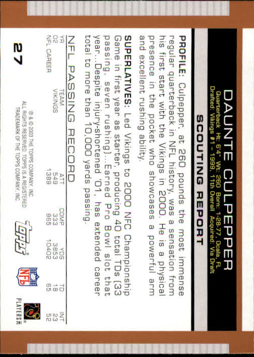 2003 Topps Draft Picks and Prospects #27 Daunte Culpepper back image