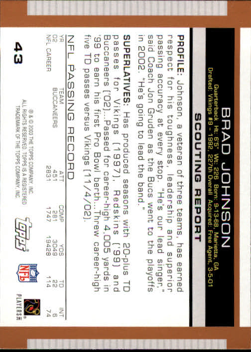 2003 Topps Draft Picks and Prospects #43 Brad Johnson back image