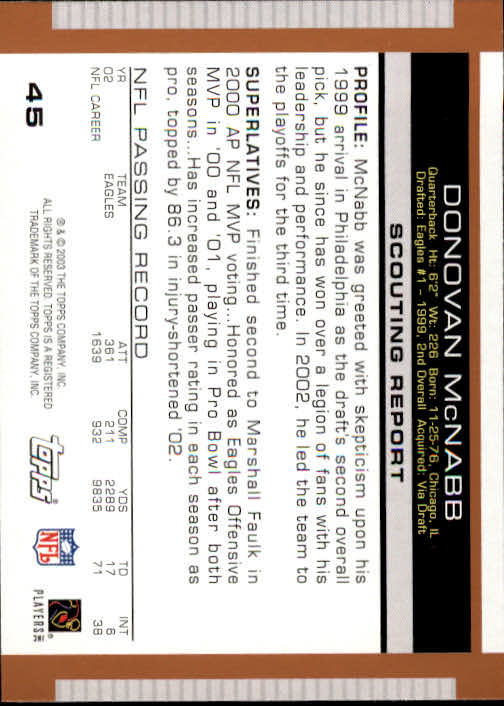 2003 Topps Draft Picks and Prospects #45 Donovan McNabb back image