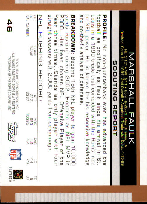 2003 Topps Draft Picks and Prospects #46 Marshall Faulk back image