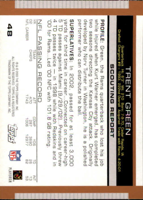 2003 Topps Draft Picks and Prospects #48 Trent Green back image