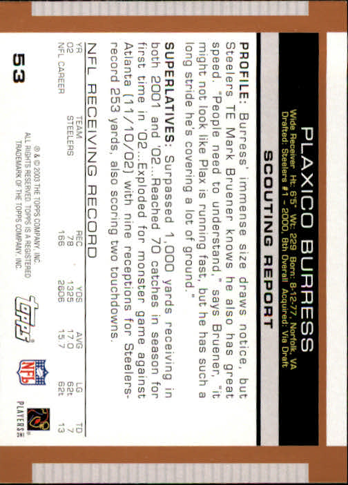 2003 Topps Draft Picks and Prospects #53 Plaxico Burress back image