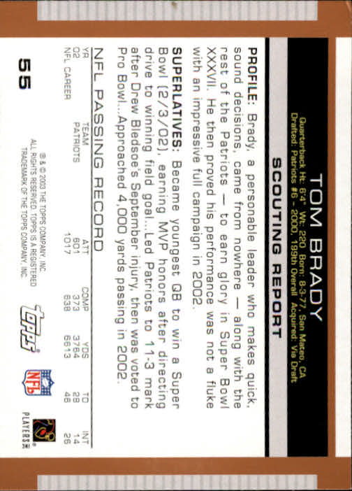 2003 Topps Draft Picks and Prospects #55 Tom Brady back image