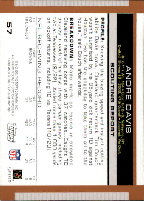 2003 Topps Draft Picks and Prospects #57 Andre Davis back image