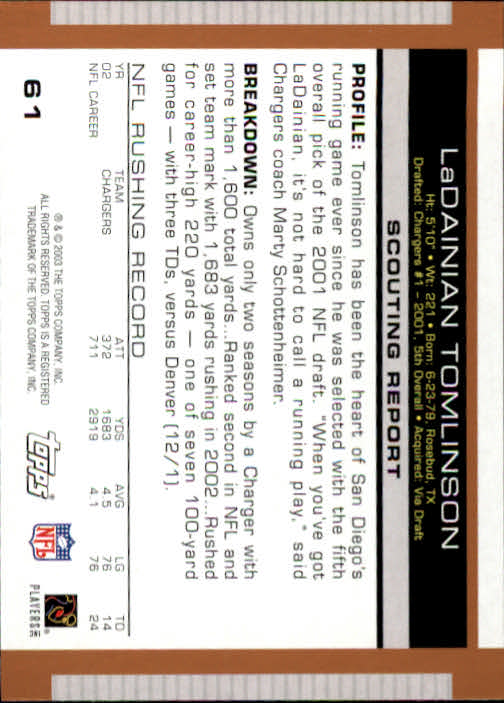 2003 Topps Draft Picks and Prospects #61 LaDainian Tomlinson back image