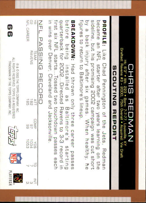 2003 Topps Draft Picks and Prospects #66 Chris Redman back image