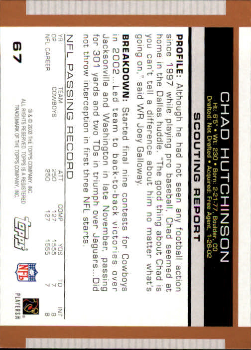 2003 Topps Draft Picks and Prospects #67 Chad Hutchinson back image