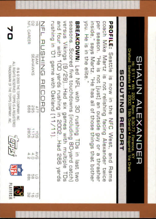2003 Topps Draft Picks and Prospects #70 Shaun Alexander back image