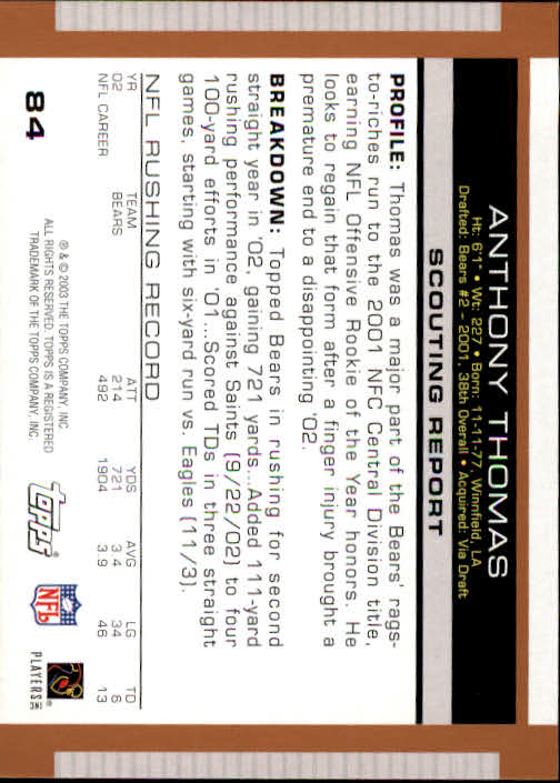 2003 Topps Draft Picks and Prospects #84 Anthony Thomas back image
