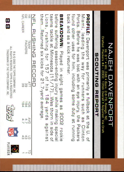 2003 Topps Draft Picks and Prospects #88 Najeh Davenport back image