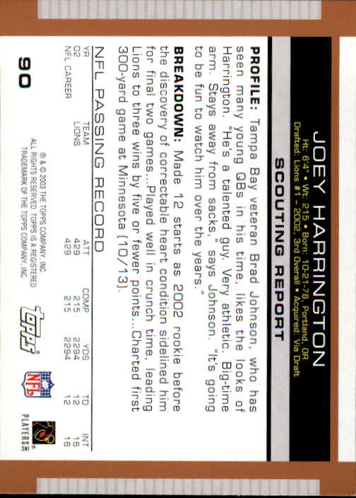 2003 Topps Draft Picks and Prospects #90 Joey Harrington back image