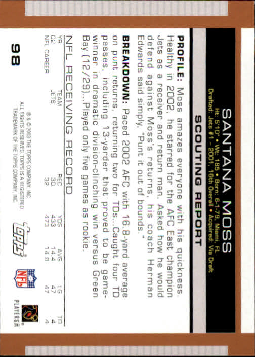 2003 Topps Draft Picks and Prospects #98 Santana Moss back image