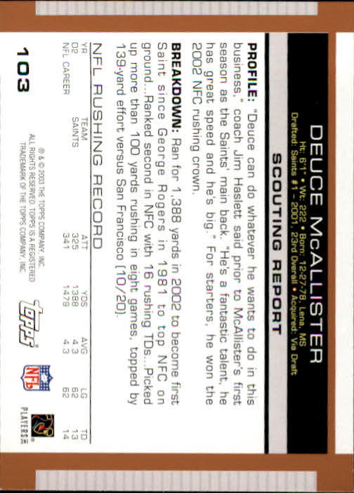 2003 Topps Draft Picks and Prospects #103 Deuce McAllister back image