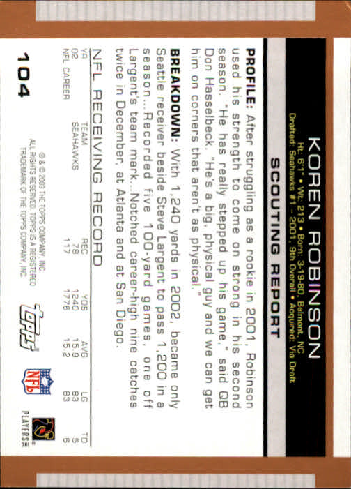 2003 Topps Draft Picks and Prospects #104 Koren Robinson back image
