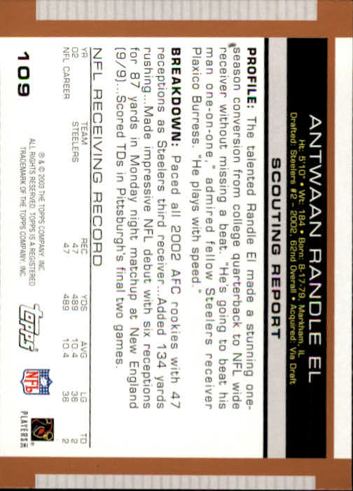 2003 Topps Draft Picks and Prospects #109 Antwaan Randle El back image