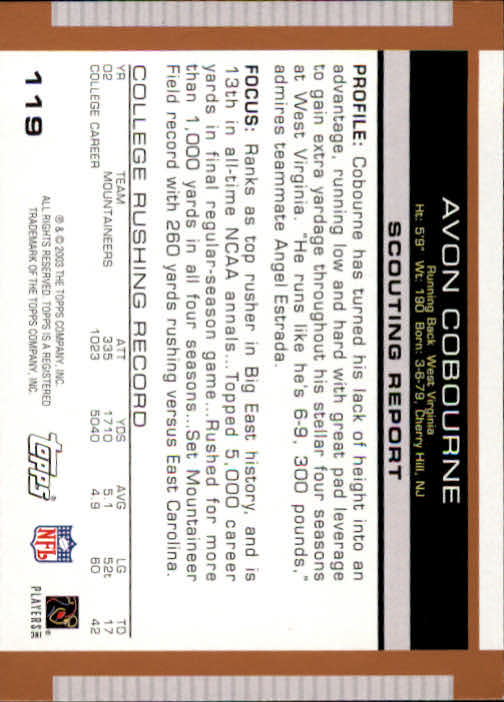 2003 Topps Draft Picks and Prospects #119 Avon Cobourne RC back image