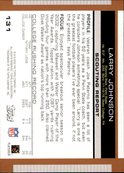 2003 Topps Draft Picks and Prospects #131 Larry Johnson RC back image