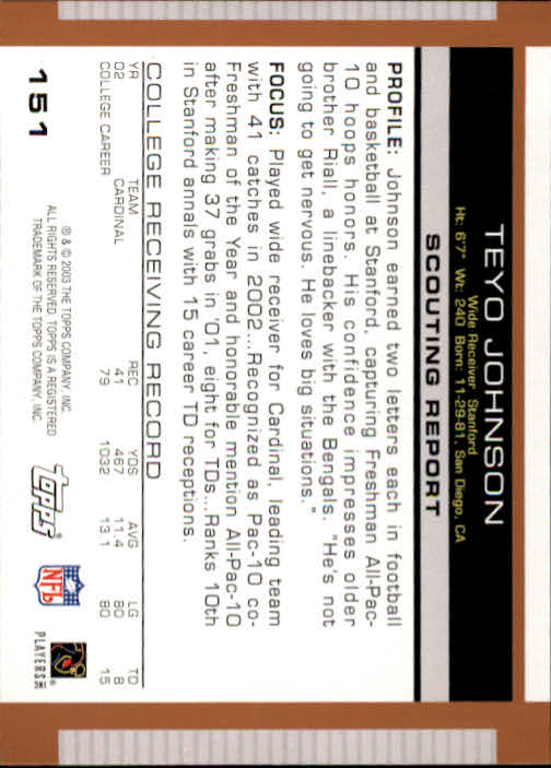 2003 Topps Draft Picks and Prospects #151 Teyo Johnson RC back image