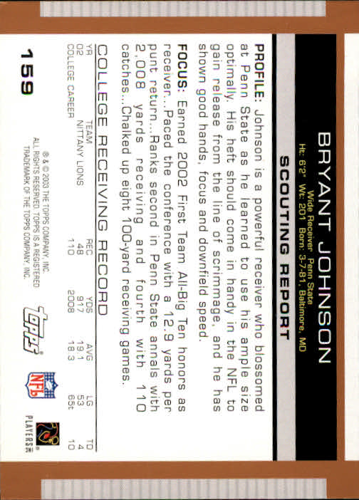 2003 Topps Draft Picks and Prospects #159 Bryant Johnson RC back image