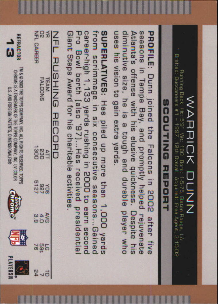 2003 Topps Draft Picks and Prospects Chrome Gold Refractors #13 Warrick Dunn back image