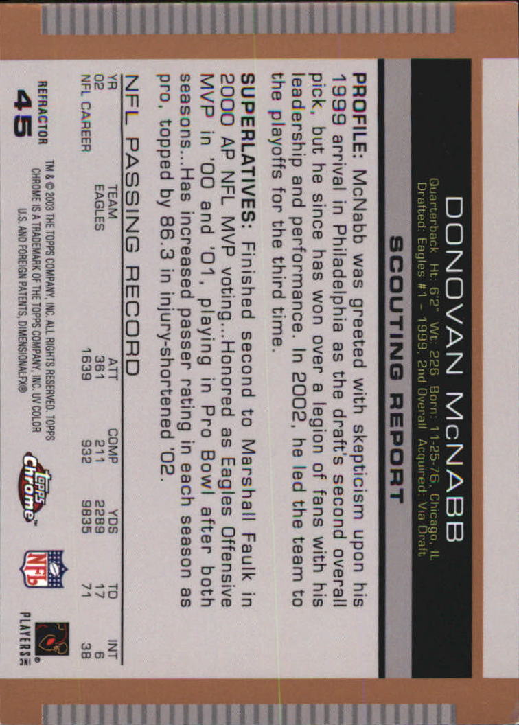 2003 Topps Draft Picks and Prospects Chrome Gold Refractors #45 Donovan McNabb back image