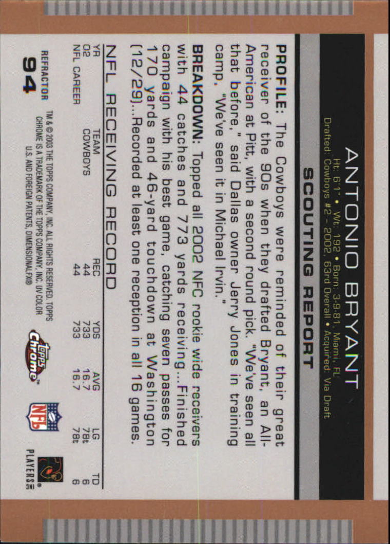 2003 Topps Draft Picks and Prospects Chrome Gold Refractors #94 Antonio Bryant