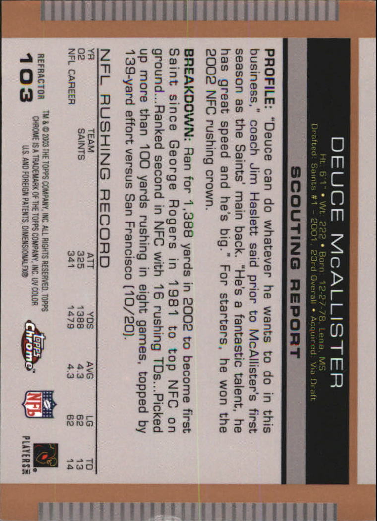2003 Topps Draft Picks and Prospects Chrome Gold Refractors #103 Deuce McAllister back image