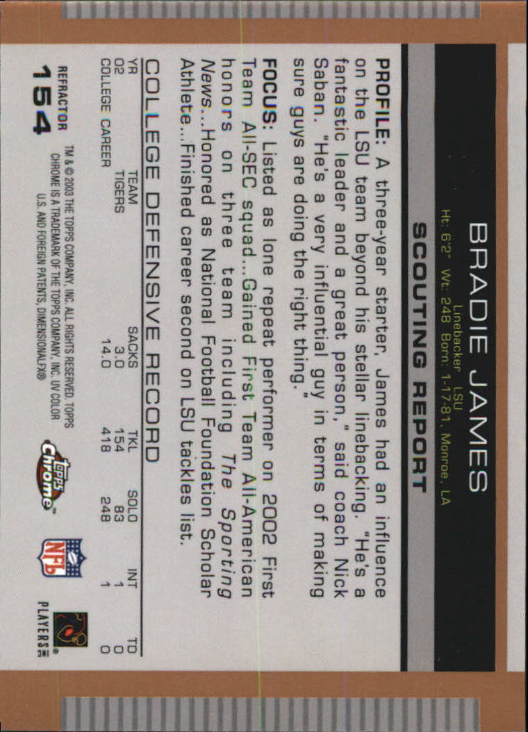 2003 Topps Draft Picks and Prospects Chrome Gold Refractors #154 Bradie James back image