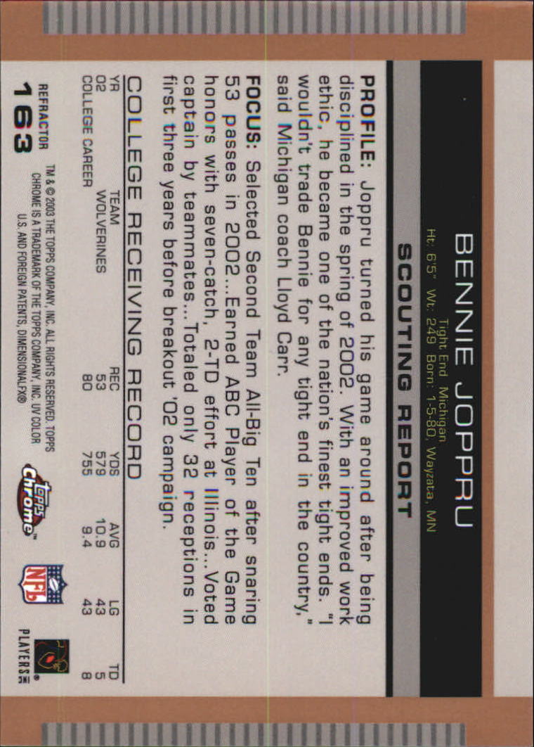 2003 Topps Draft Picks and Prospects Chrome Gold Refractors #163 Bennie Joppru back image