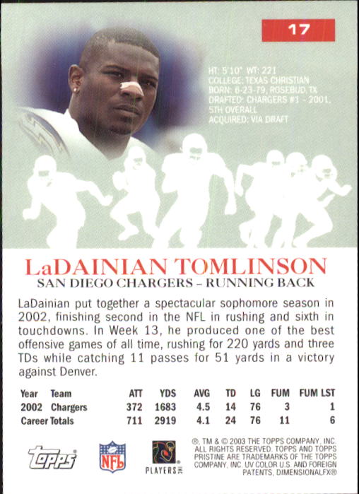 2003 Topps Pristine #17 LaDainian Tomlinson back image