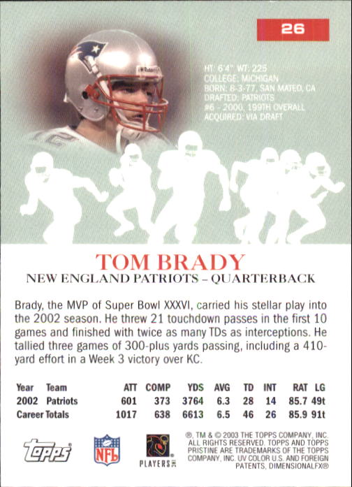 2003 Topps Pristine #26 Tom Brady back image